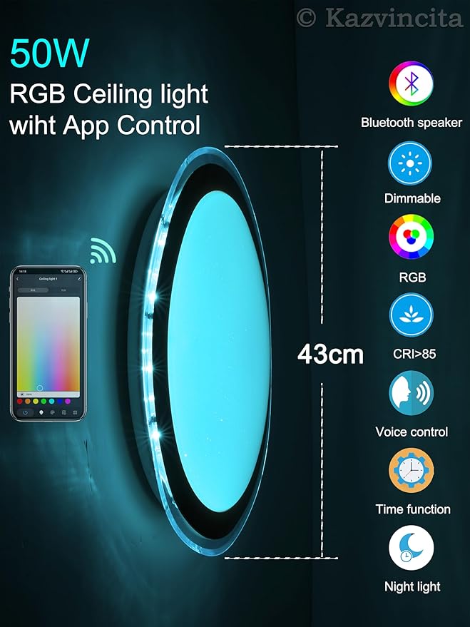 Dimmable Round LED Ceiling Light Flush Mount 17 Inch 50W Built-in Bluetooth Speaker Modern Lighting Fixtures RGB Ambient Ceiling Lamp Suitable for Bedrooms Kitchen Kids' Rooms and More