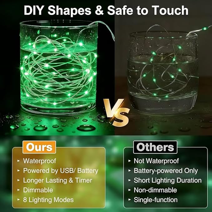 6 Pack 16FT 50 LED St. Patrick's Day Fairy Lights with Timer, 8 Modes USB Mini Twinkle Light Battery Operated, Small String Lights for Wreath Vase Bedroom DIY Party Decorations-Green