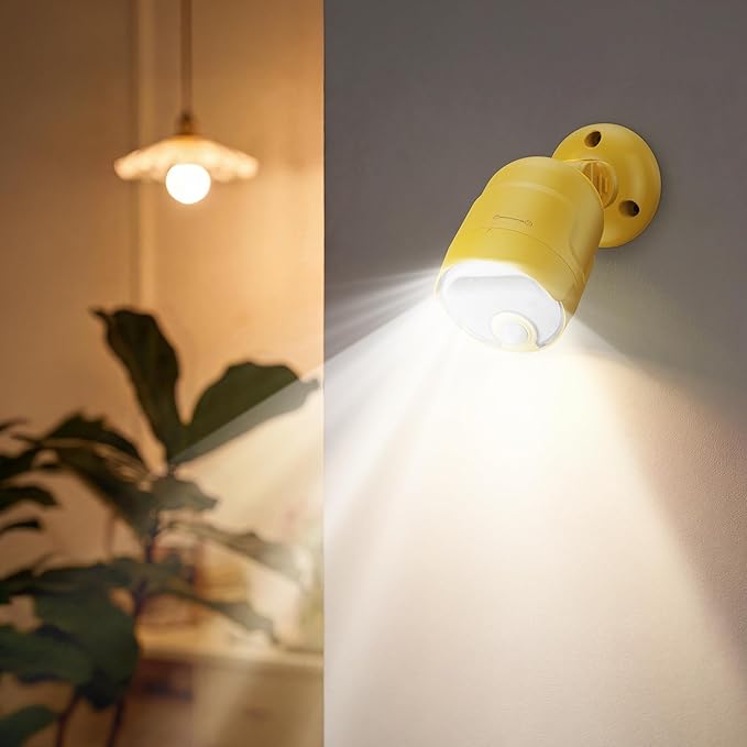 Wireless LED Spotlight, Battery Operated Motion Sensor Outdoor Light - 4000mAh Rechargeable 2-Mode IPX5 Waterproof 600LM Light for Porch, Garage, Hallway, Wardrobe (Yellow)