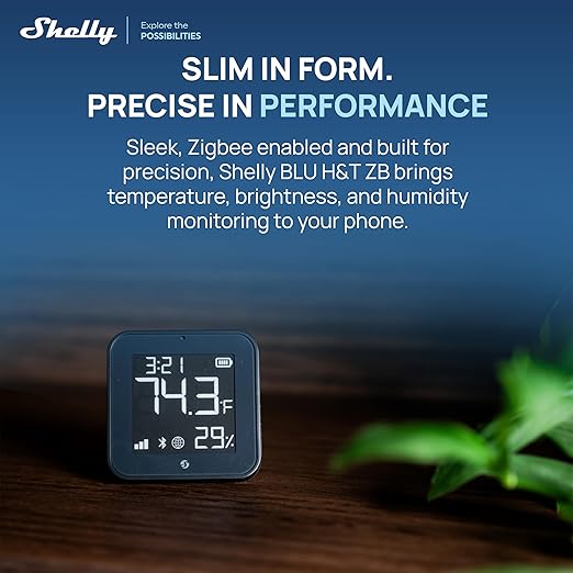 Shelly BLU H&T Display ZB Black, Bluetooth & Zigbee Operated Temperature & Humidity Levels Sensor, E-Paper Display, Home Assistant, Alexa, Google Home, Real-Time Monitoring, Long-Life Battery