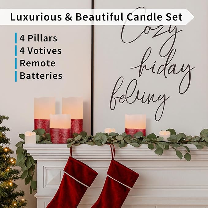 FURORA LIGHTING Red Real Wax Trim Candles with Remote and Timer, Pack of 8 Pillar & Votive Candles, LED Flameless Flickering Candles for Home Décor, Battery Included