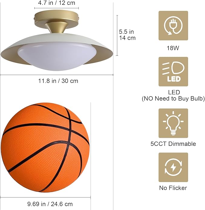 Dimmable Mid Century Modern Ceiling Light Fixtures Flush Mount, White and Gold LED Small Ceiling Light,11.8in 5CCT Kitchen Lighting Fxiture with Acrylic Shade for Hallway Bedroom Entryway Laundry Room