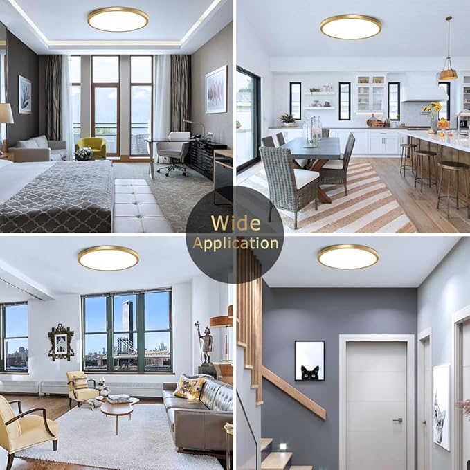 15.7Inch Gold Flush Mount Ceiling Light Fixture , 32W(320W Equivalent), 3800LM, 6000K Cool White, IP40, Flat Modern Round LED Ceiling Lights for Bedrooms, Living Rooms, Bathrooms, Stairwells, etc.