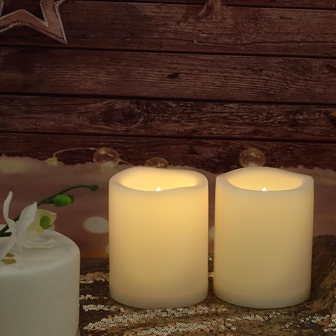Waterproof Outdoor Battery Operated Flameless Candles with Auto Timer Flickering Plastic Resin Electric LED Pillar Lights for Lantern Patio Garden Wedding Party Decorations 3x3 Inches 6 Pack White