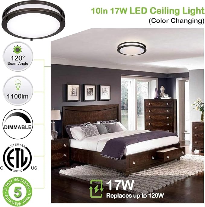 hykolity 10 inch Flush Mount LED Ceiling Light Fixture, 17W 1100lm, 2700K/3000K/3500K/4000K/5000K Adjustable Ceiling Lights, Oil Rubbed Bronze Saturn Dimmable Lighting for Hallway Bathroom - 2 Pack