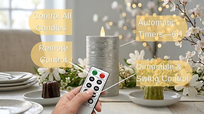 Shiny Metallic Silver Flameless Pillar Candles, Patented 3D Realistic Moving Flickering Flame with Remote Timer, Battery Operated 400hrs for Wedding, Holiday, Party, Decor, Gift(Set of 3)