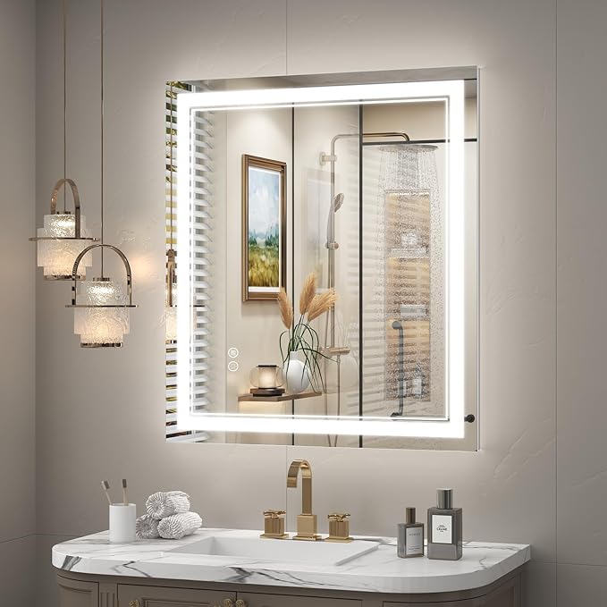 OKPAL 28x32 Lighted Bathroom Mirror, Anti-Fog LED Bathroom Mirror, Bathroom Mirror with Lights, Dimmable Lighted Vanity Mirror, Shatterproof, ETL Listed, Horizontal/Vertical