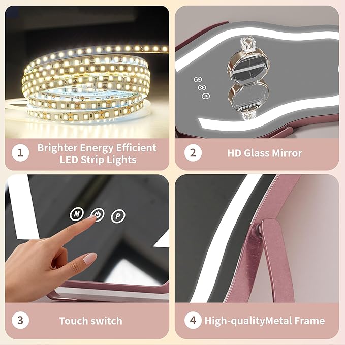 Makeup Mirror with Lights - 17″ Cloud Shaped Smart Touch 3-Color Dimmable 360° Rotation Memory Metal Frame Plug-in AC Power Tabletop Vanity Mirror Gift for Women Teen Girls Rosegold