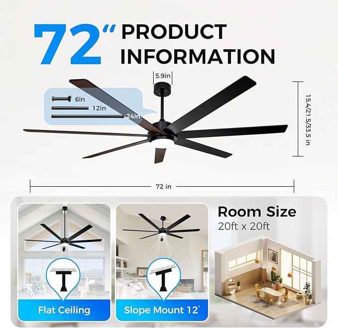 72 In Large Smart Ceiling Fan with Light and Alexa APP Remote Control,6 Speed,3CCT,Quiet Reversible DC Motor Black Indoor Outdoor Ceiing Fan for Patio or Living Room