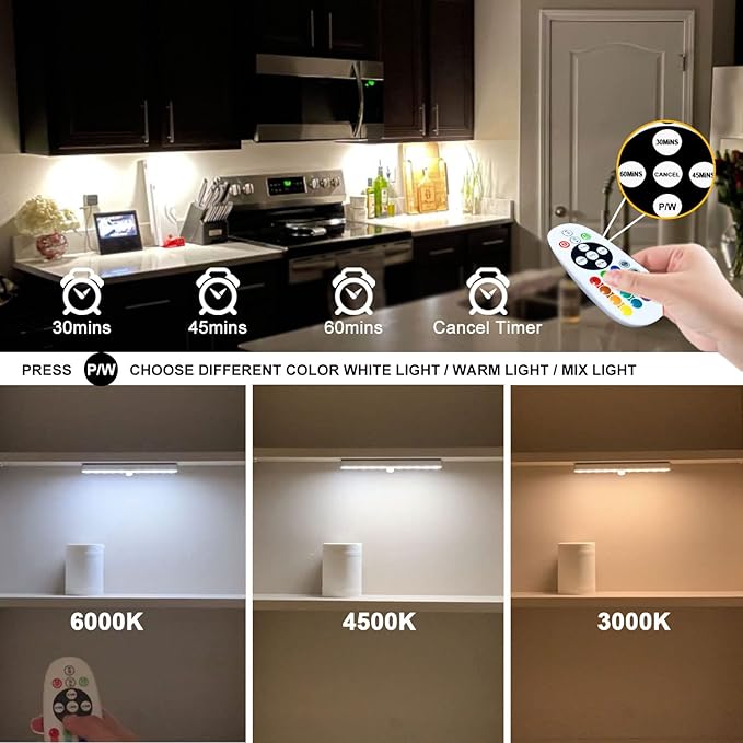 SZOKLED Under Cabinet Lighting 48LED Remote Lights Wireless Kitchen Counter Rechargeable Closet Light Bar, Perfect for Display Shelf Hallway Stairs, 15 Color Changing