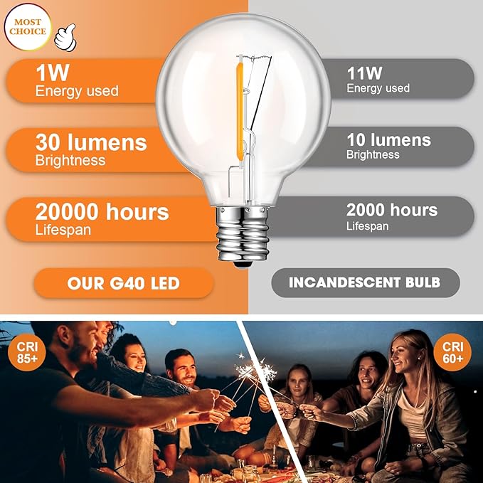 25 Pack G40 LED Replacement Light Bulbs, Waterproof Clear Globe Light Bulb E12 Screw Base for Outdoor String Lights, Patio Cafe Décor, Dimmable, Warm White