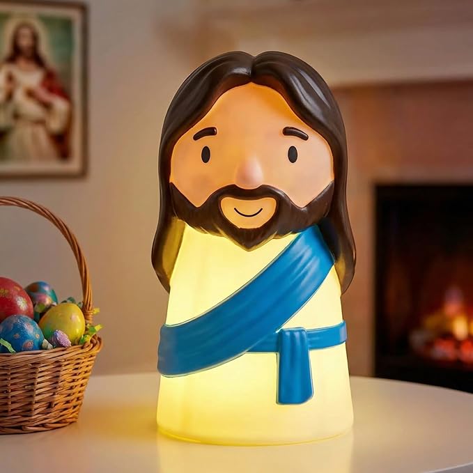 Cute Jesus Night Light, Jesus Gift, Dimmable PVC Christian Lamp, USB Rechargeable Touch Bedside Light, Baptism Favor, Easter & Religious Gifts (3 x 5 Inch)(Blue)