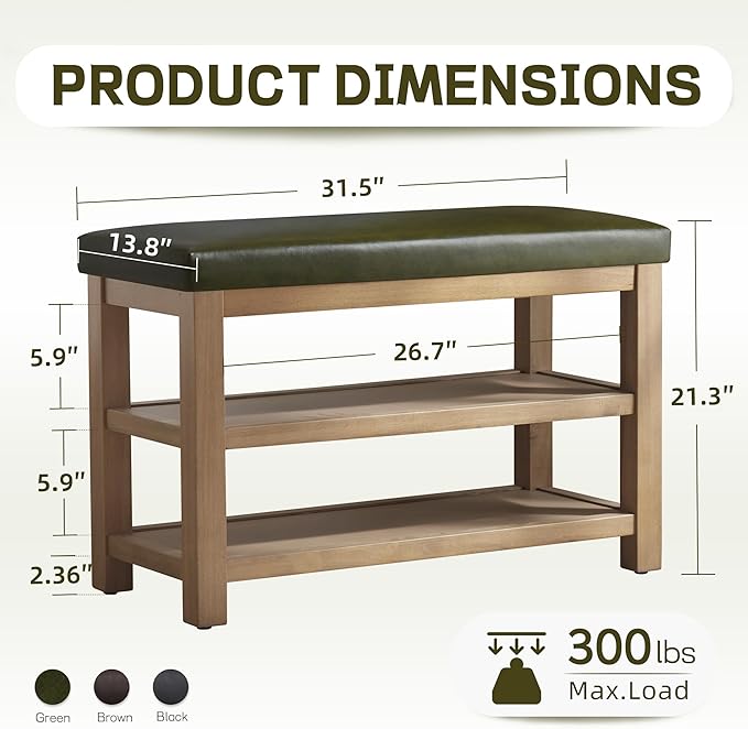 Shoe Rack Bench with Leather Cushion, 2 Tier Solid Wood Storage Bench, Mid-Century Modern Shoe Bench for Entryway, Hallway, Closet, Front Door Entrance, Foyer (Green, 31.5)