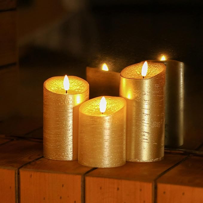 Gold Flameless Candles with Remote, Flickering Real Wax Battery Operated Candles with Timer, Set of 3 LED Pillar Candlesfor Home Room Decor Christmas Decoration