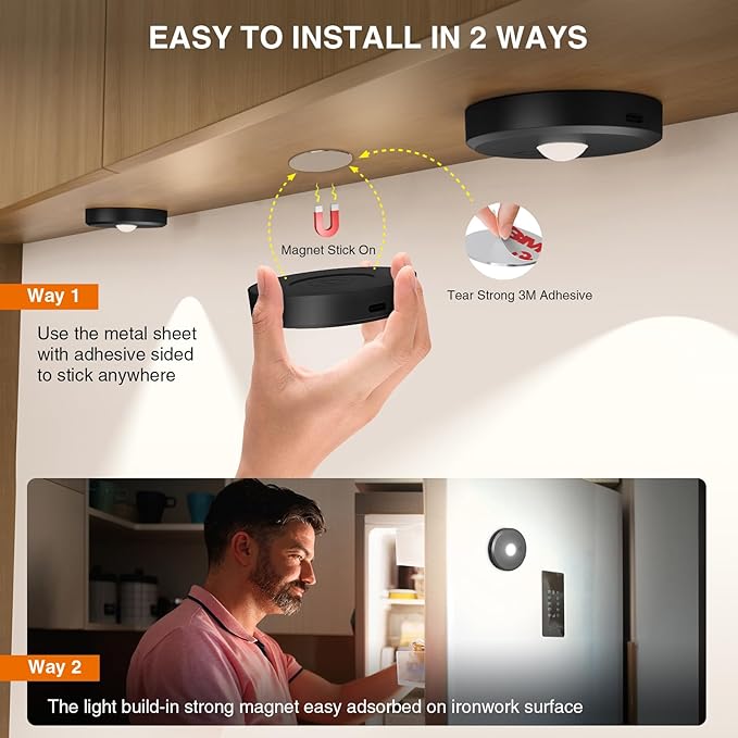 Puck Lights With Remote Control - Rechargeable, Wireless Under Cabinet Lighting, 2000mAh Battery Operated Tap Push Touch, Stick On for Counter, Shelf, Bookcase (Black, 3 Pcs)