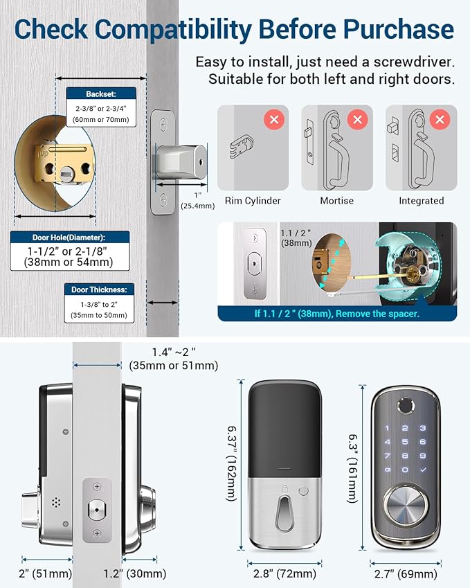 WiFi Smart Door Lock - TEEHO Fingerprint Keyless Entry Lock for Front Door - Built in Wi-Fi Smart Deadbolt - APP Remote Control - IP65 Weatherproof - ANSI Grade 2 - Bright Nickel