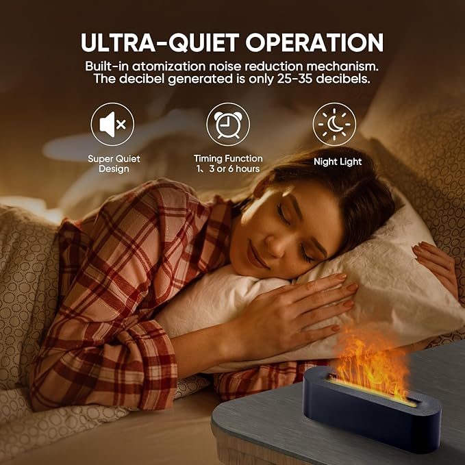 Essential Oil Diffuser, Fireplace Flame Fire Oil Diffuser, 150ml Ultrasonic Cool Mist Aromatherapy Humidifier, Scent Aroma Diffuser with 7 Colors Light, Timer & Auto-Off for Home, Room (Black)