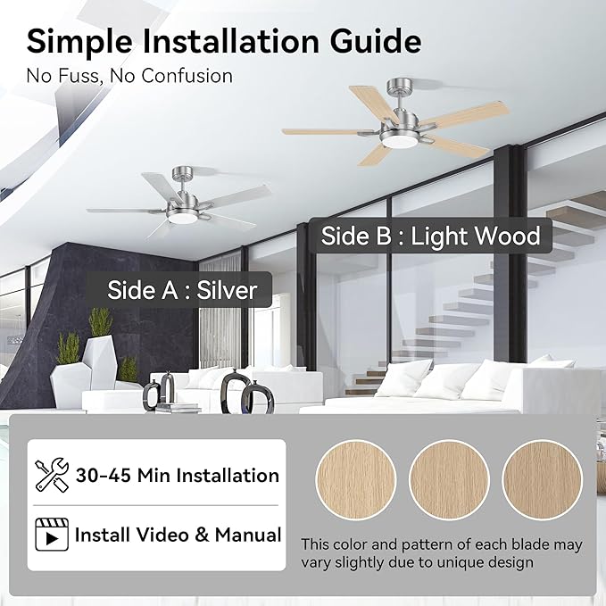 cumilo 52” Smart Outdoor Ceiling Fans LED Lights and Remote,Quiet DC Motor,6 Speed,Dimmable,Indoor Modern Brushed Nickel Ceiling Fan Controlled by WIFI Alexa App,Gray Silver Wood Bedroom Patio Porch