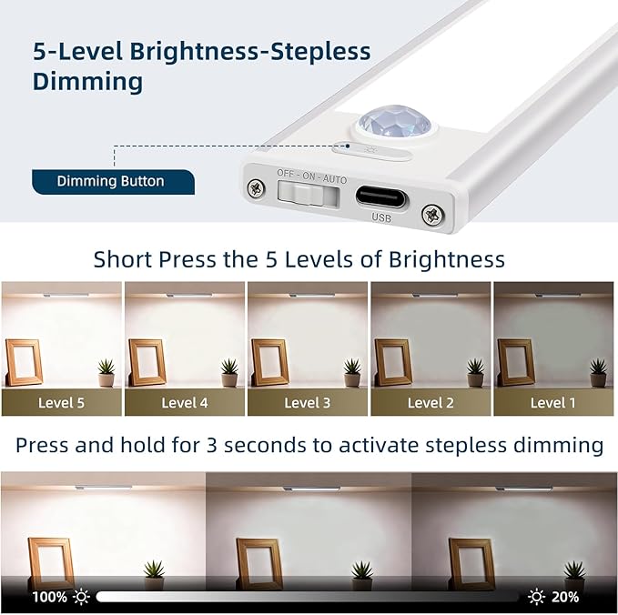 16inch Under Cabinet Lighting, 4 Pack Rechargeable Motion Sensor Light Indoor, Wireless Dimmable Magnetic Closet Lights, 68 LED Under Counter Lights for Kitchen, Wardrobe, Stairs, White Light