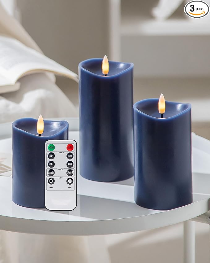 Navy Blue Flameless Candles with Remote and Timer, Real Wax Made LED Pillar Candles Battery Operated with 3D Flickering Flame Melted Top, 3" x 4",5",6", Navy Blue Decor, Set of 3