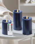 Navy Blue Flameless Candles with Remote and Timer, Real Wax Made LED Pillar Candles Battery Operated with 3D Flickering Flame Melted Top, 3" x 4",5",6", Navy Blue Decor, Set of 3