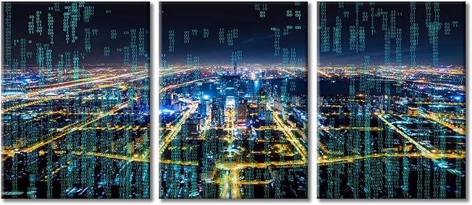 TUMOVO 3 Panel Modern City with Wireless Network Connection Canvas Wall Art Technology Science Poster Artwork Pictures Black and White Wall Art Stretched and Framed Ready to Hang (36" Wx16 H)