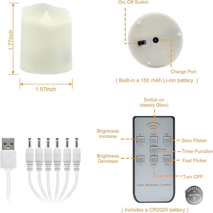 Rechargeable LED Tea Lights USB Flameless Warm White Votive Candles with Remote Battery Flickering Tealights Candle for Halloween Christmas Romantic Home Decoration (6 Packs,Warm White)