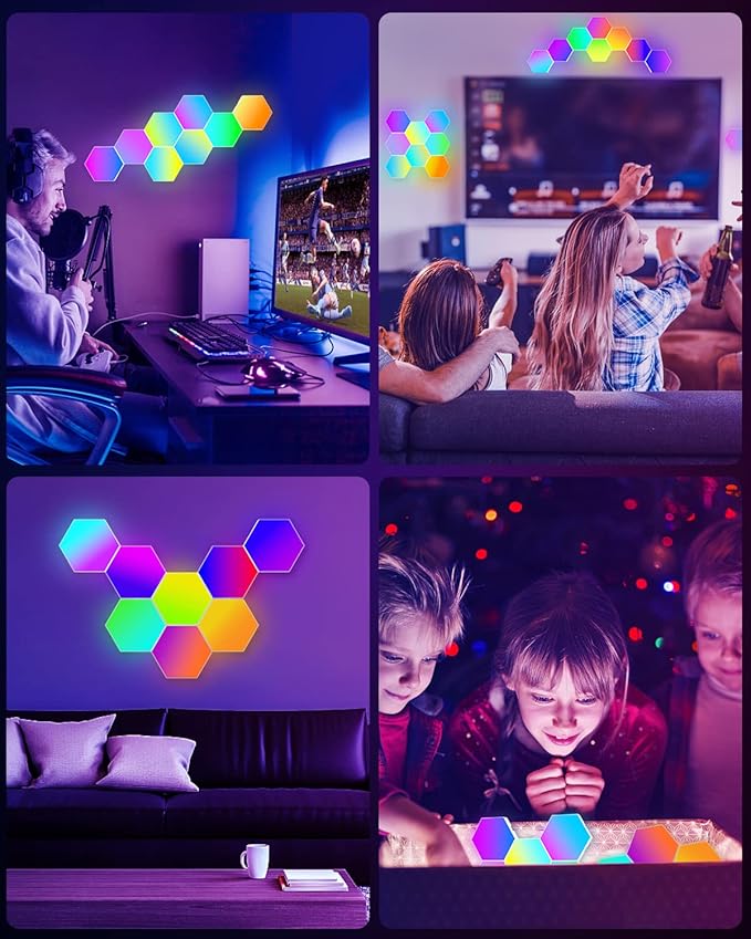 Hexagon LED Lights Wall Panels, Smart RGB Gaming Lights with APP & Music Sync, DIY Modular Hex Tiles, USB-Powered for Autism/Game Room/Party Decor (8-Pack)
