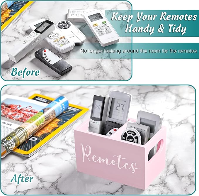 DRASTAR Remote Holder and Organizer - TV Remote Caddy for Table, Wooden Storage Organizer with Pink Accessories