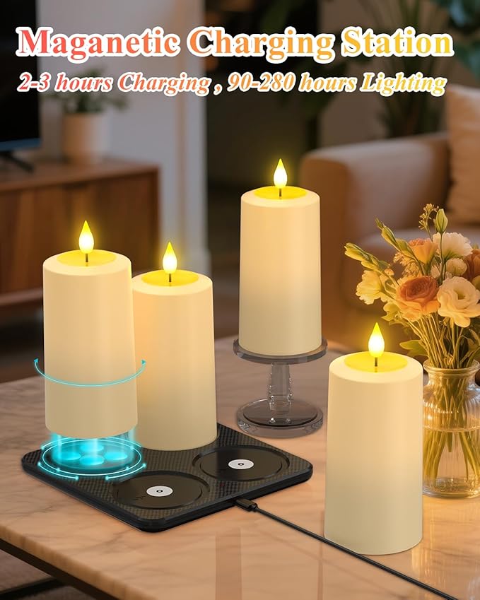 SoulBay Flameless Candles Rechargeable, 4 Pack LED Flickering Waterproof White Pillar Candles with Magnetic Charging Base Remote Timer for Indoor Outdoor Lantern Holiday Christmas Décor, 2.75" x 5.1 "