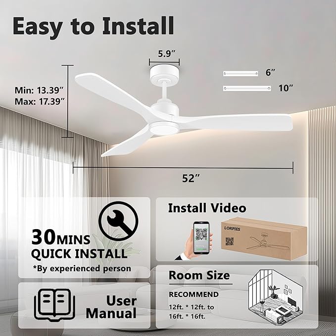 52 Inch Wood Smart Ceiling Fans with Lights Remote,Voice Control via WIFI Alexa App,Quiet DC Motor,Outdoor Indoor Ceiling Fan,Dimmable,Modern White Lighting & Ceiling Fan for Bedroom Patio Porch