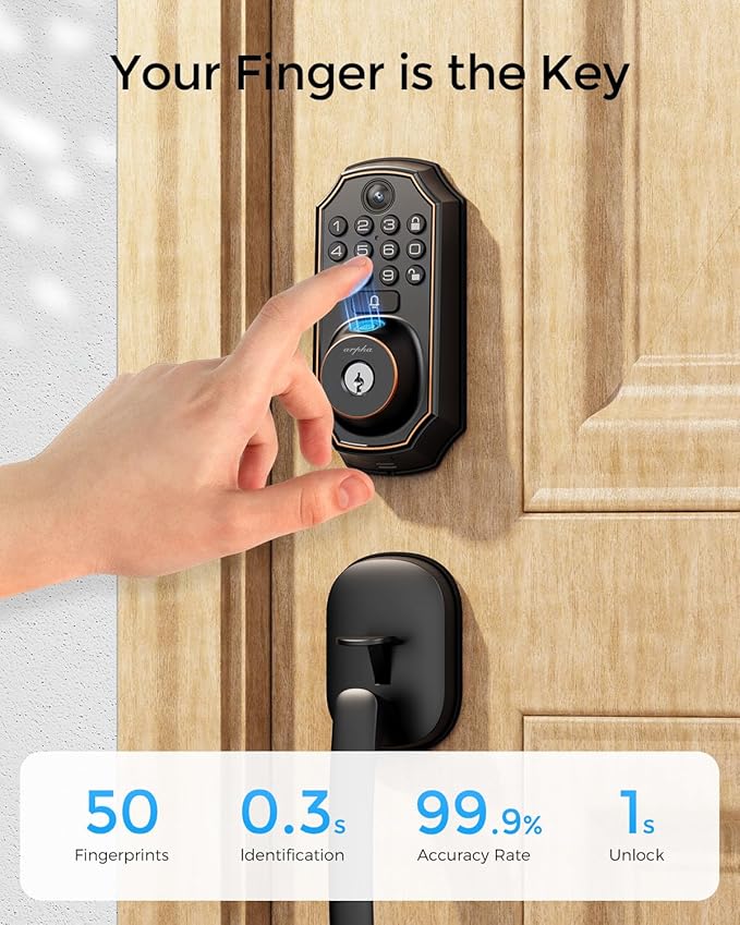 Keyless Entry Deadbolt with Handle Set - WiFi Smart Lock with Camera, 5-in-1 Camera+Doorbell+Fingerprint+Keypad, App Control, Auto Lock, Easy Install, Waterproof for Front Door（Black）