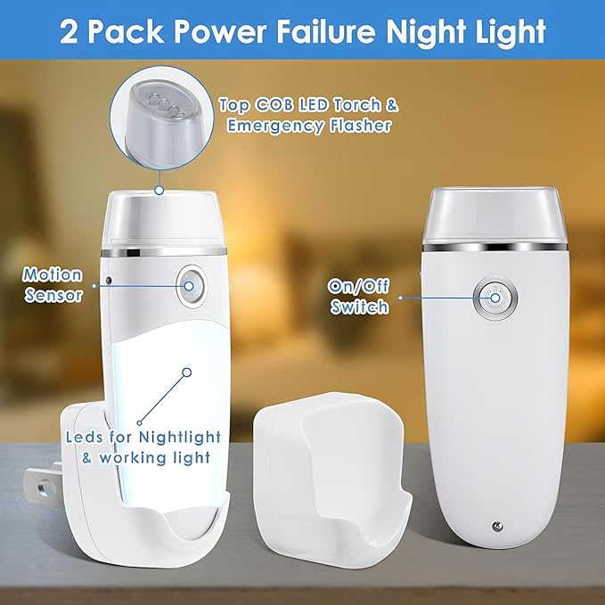 Enhon 2 Pack 4 in 1 LED Rechargeable Plug in Flashlights, LED Emergency Lights Plug in Power Outage Light with Motion Detection for Stairs, Hallway
