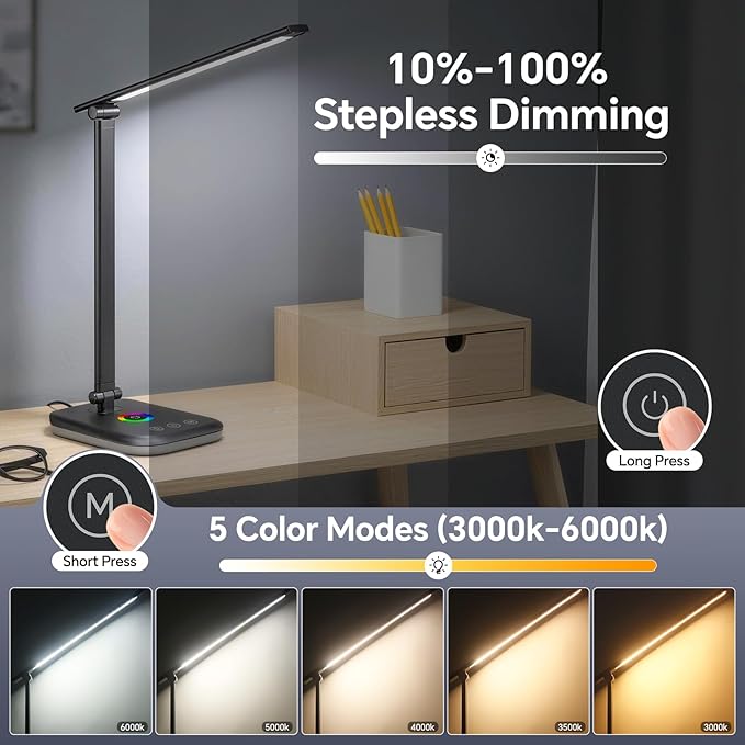 Bright LED Desk Lamp for Office Home, 10%-100% Stepless Dimmable & 5 Color Temperatures, Eye Caring Desk Light for Office, Study, Craft, Puzzle, Nail, Sewing | USB Charging | 45 Min Timer | RGB