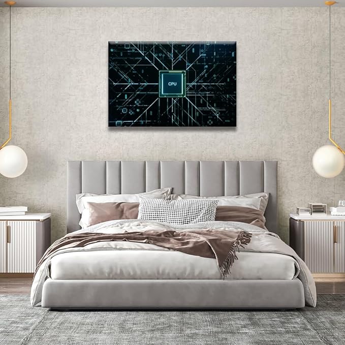 LSIUHWUWI CPU and Circuit Board Wall Art Painting for Living Room Decor Flying CPU and Installation in Center Circuit Board Canvas Prints Artwork Wall Decor Large Size Framed Ready to Hang 24x36 INCH