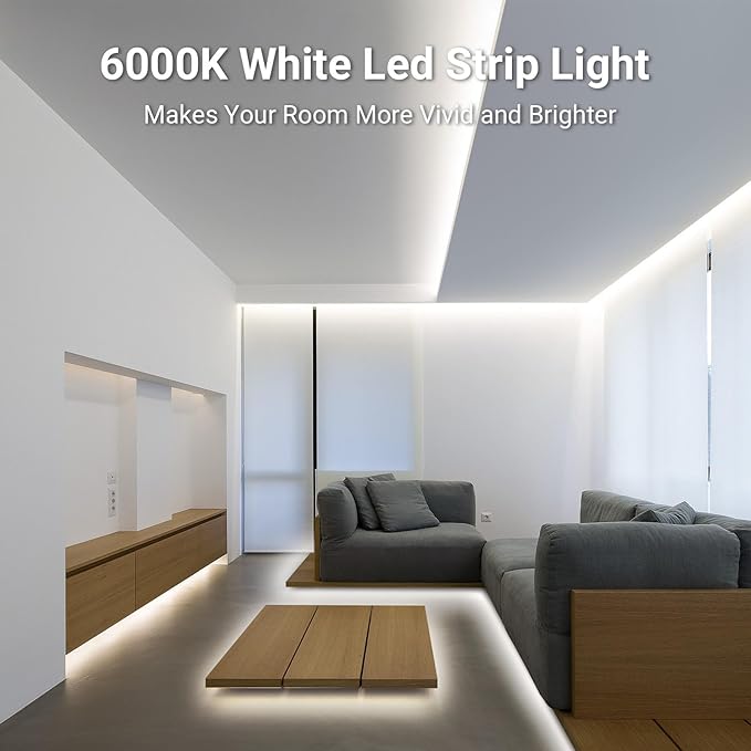CT CAPETRONIX White LED Strip Light, 16.4 Feet 24 Volt LED Light Strip White, 6000K-6500K Daylight Super Bright LED Tape Light for Bedroom, Kitchen, Closet, Cabinet, Mirror, Indoor（Dimmer Included）