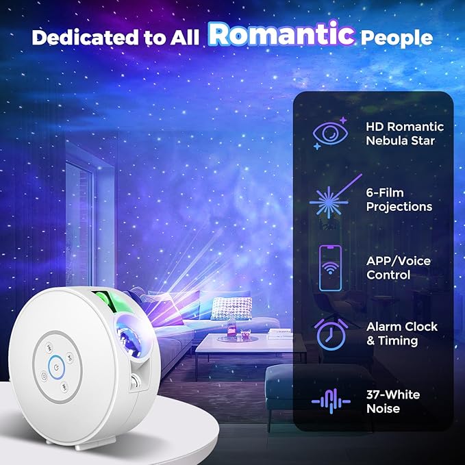 Galaxy Projector,Star Projector,Northern Lights Projector with 6 Film Discs,24H Timer,White Noises,Bluetooth Speaker,Smart APP&Voice Control,LED Starlight Night Light Projector for Kids Bedroom