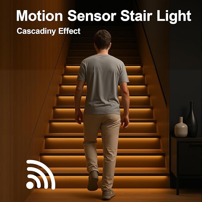 Intelligent Motion Triggered LED Stair Lighting Kit, 60 Inches Long Cuttable LED Strip Light for Indoor Stair Lights (Warm White 3000K, 10-15 Stairs)