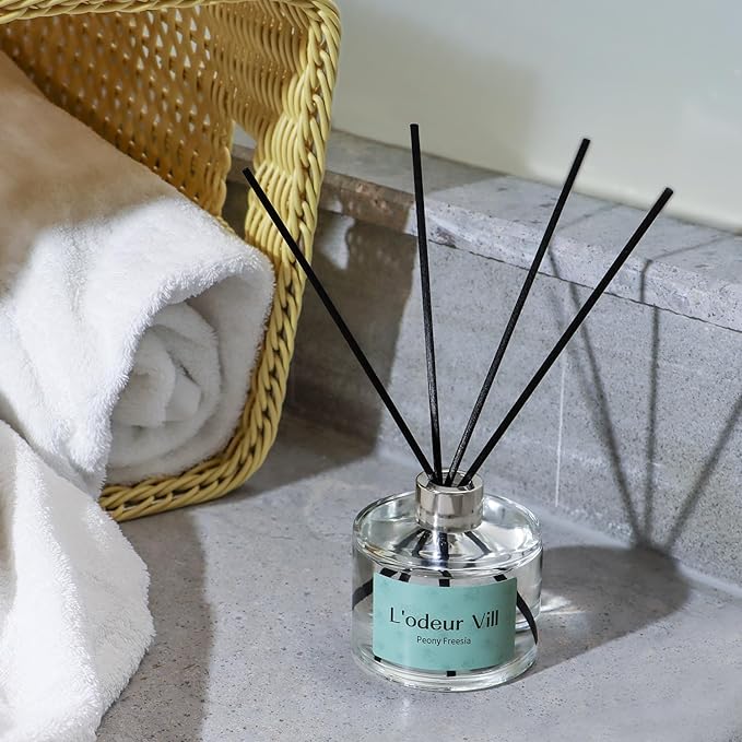 L'odeur Vill Reed Diffuser Set, 6.7 oz(200ml) Jasmine Freesia Scented Diffuser with 6 Oil Diffuser Sticks, Home Fragrance Essential Oil Reed Diffuser for Home Large Rooms Bathroom Shelf Decor