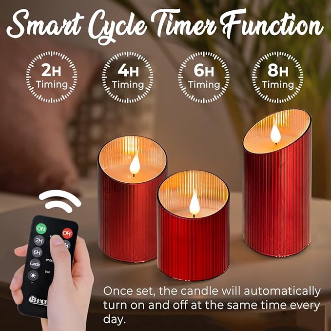 Rechargeable Flameless Candle, Flickering LED Pillar Glass Fake Candle with Remote and Timer, Built-in Battery Real Wax Electronic Candle for Room Decoration, Set of 3