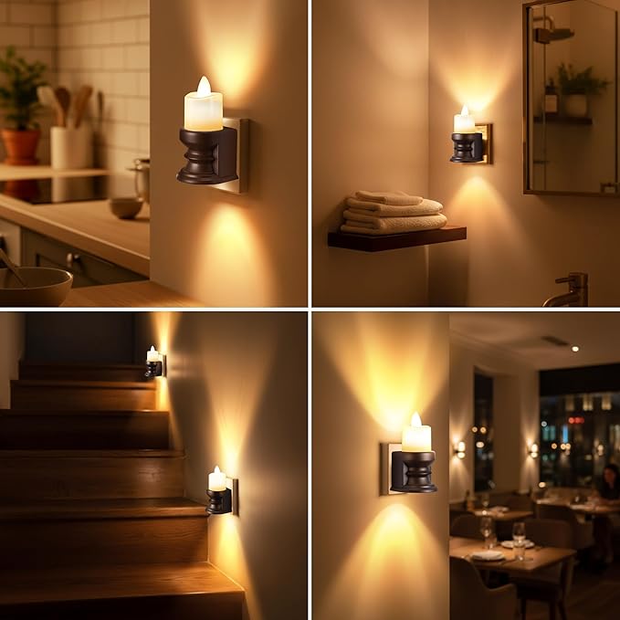 Meonum Remote Control Flickering Flameless Candle Night Light Plug in, Dimmable LED Nightlight with Dusk to Dawn Sensor, Dual Light Candle Nightlight for Bedroom, Hallway, Bathroom(Warm Yellow)
