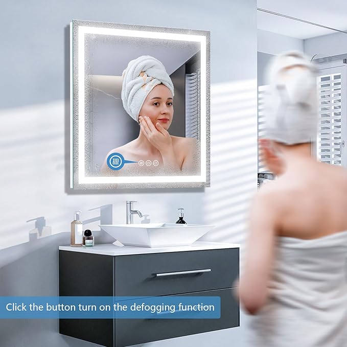 Led Bathroom Mirror with Light 36"x36" Frameless Lighted Vanity Mirror Wall Mount, Fogless, 3 Color Mode, Stepless Dimmable Front Light and Backlit, Smart Touch Sensor, Tempered Glass