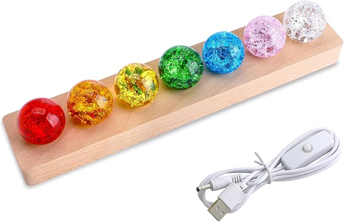 7 Colors Ice Cracked Balls with LED Wooden Base 40mm Healing Sphere Balls Set Crystal Chakra Night Light Decor for Home Valentines Day Gifts for Her