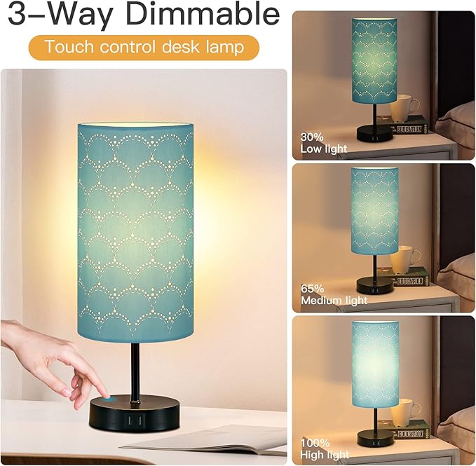 Touch Control Bedside Lamp with 2 USB Ports, 3-Way Dimmable Table lamp for Bedroom, Nightstand Lamp with Round Blue Fabric Shade for Living Room Home Office (E26 LED Bulb Included)