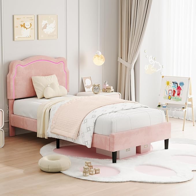 GarveeHome Twin Upholstered Smart LED Bed Frame with Headboard, Velvet Princess Platform Bed Frame for Kids, Wooden Slats Support, No Box Spring Needed (Pink)