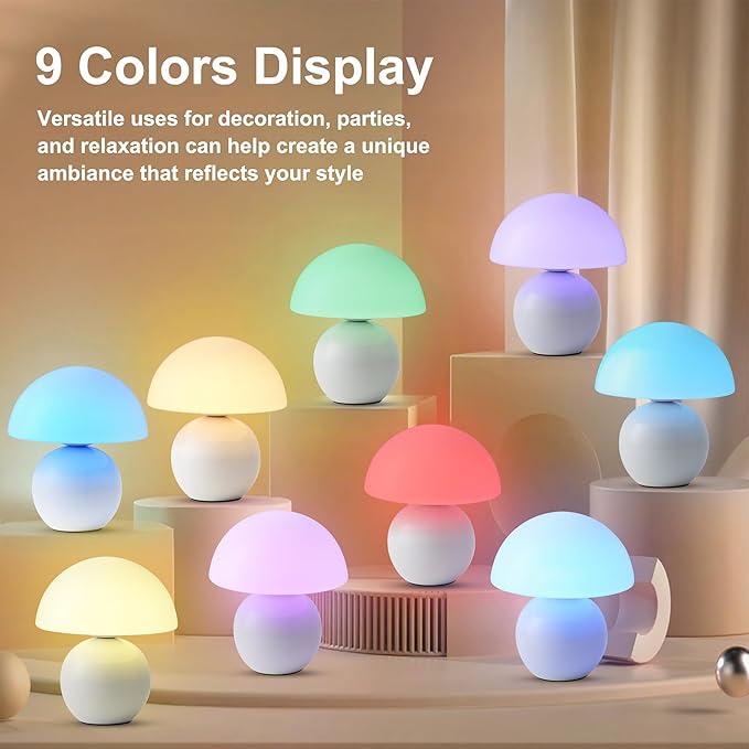 Cordless Cute Mushroom Lamp with Remote Control, 9 RGB, Cordless Lamps for Tables, 3 Color Temperature, Stepless Dimmable, Timer, Memory, Unique Aesthetic Home Decor for Living Room (White)