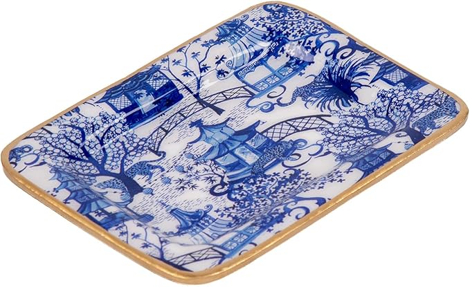 Jaye’s Studio Garden Party Decorative White and Blue Soap Dish for Bathroom, Enamel Tray, Vanity Tray for Dresser, Countertop, Sink Soap Tray for Desk, Jewelry Tray Gold, Key Plate, Chinoiserie Decor