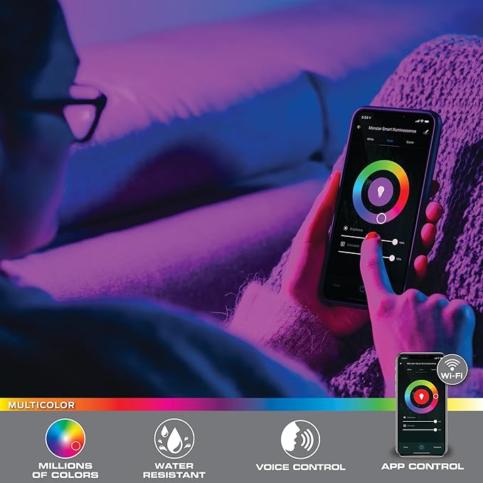 Monster LED Strip Short Wi-Fi Multi-Color LED Light Strip 6.5Ft, Smart App, Customizable Settings, Any Space, Voice-Control, Alexa, Google Assistant, Easy Installation