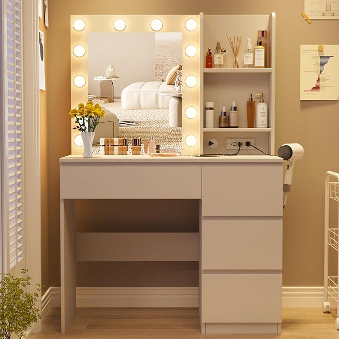 Fameill Makeup Vanity with Lights, 4 Drawers Makeup Table with Lighted Mirror, 37inch Vanity Desk with Power Strip, 3 Lighting Modes, White