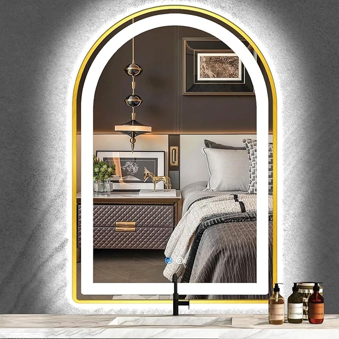 24 x 32 Inch Gold Arch LED Lighted Vanity Mirror for Bathroom Wall Makeup Desk Table Gold Arched Mirror with Lights AntiFog 3 Color Dimmable Bathroom 32in Gold Arched Smart Light up Mirror